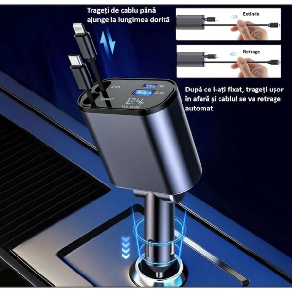 Încărcător Auto Retractabil 4 în 1, 100W