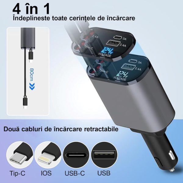 Încărcător Auto Retractabil 4 în 1, 100W