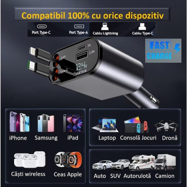 Încărcător Auto Retractabil 4 în 1, 100W